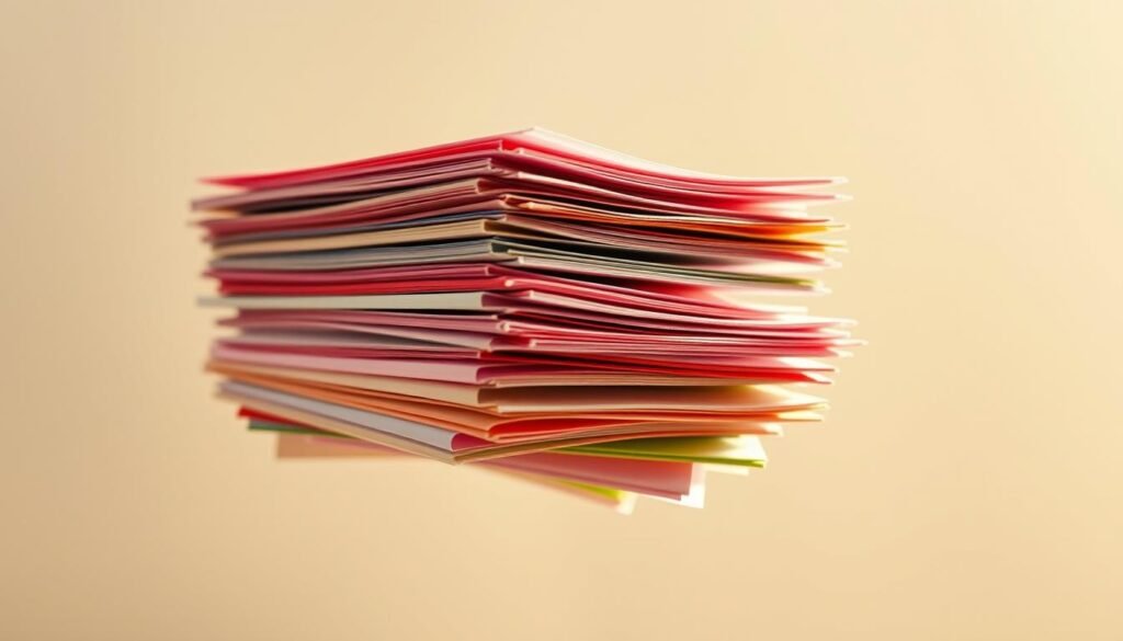 A stack of colorful, lined notebook papers floating effortlessly against a soft, hazy background. The papers are backlit, creating a warm, inviting glow. The edges are slightly tattered, conveying a sense of authenticity and real-world use. The papers are arranged in a casual, scattered composition, suggesting a carefree, unstructured learning environment. Gentle shadows and highlights add depth and dimensionality, while the overall color palette is muted and harmonious, exuding a sense of tranquility and focus. The lighting is natural and diffused, creating a cozy, study-friendly atmosphere.