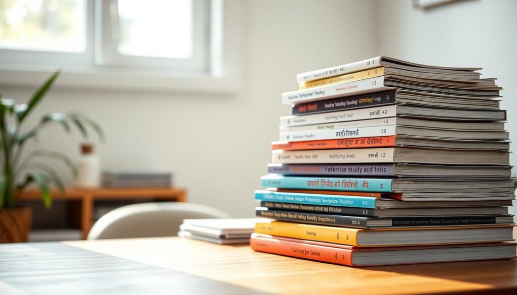 A stack of neatly organized textbooks, exercise workbooks, and reference guides on a wooden desk, illuminated by soft natural light filtering through a window. The materials are arranged in a visually appealing manner, inviting the viewer to dive into the study resources. The foreground showcases the essential Madhyamik preparation materials, while the background features a minimalist and serene home office setting, conveying a sense of focus and productivity. The overall scene evokes a sense of diligence, accessibility, and the availability of high-quality study resources for Madhyamik students.