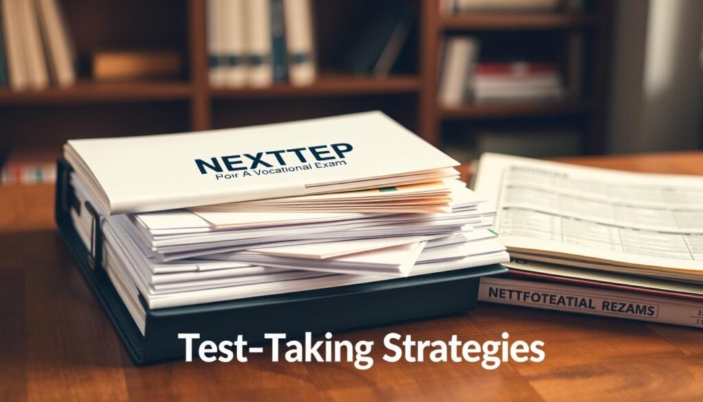 A stack of study materials for a vocational exam, including a NEXTSTEP branded text logo, a binder, notecards, and reference books, sits on a wooden table. The lighting is warm and inviting, with a soft focus creating a cozy atmosphere. The arrangement suggests a thoughtful, organized approach to test preparation. The scene evokes a sense of diligence and determination, reflecting the "Test-Taking Strategies" section of the article.