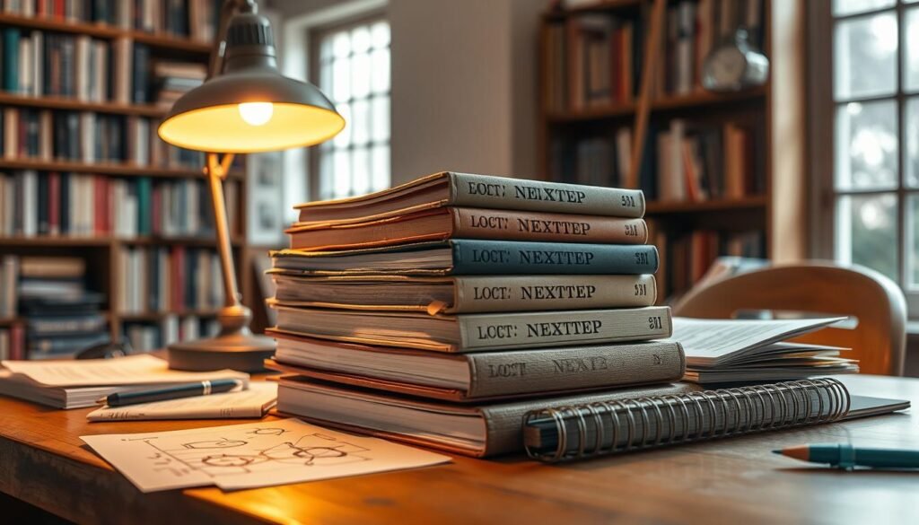 A stack of well-worn engineering textbooks and notebooks sit on a wooden desk, illuminated by a warm desk lamp. The books feature the NEXTSTEP logo embossed on their covers, hinting at their technical subject matter. Scattered around are sketches, diagrams, and handwritten notes, conveying a sense of active learning and problem-solving. The desk is situated in a cozy, book-lined study, with a large window letting in soft, natural light. An atmosphere of focused academic pursuit permeates the scene, perfect for showcasing essential study materials for aspiring engineers.