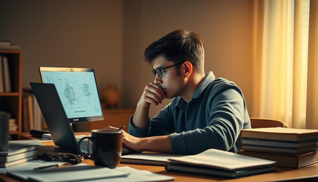 A student, deep in thought, sits at a desk, intently studying a complex diagram on their laptop screen. The lighting is soft and warm, casting a cozy, focused atmosphere. The desk is cluttered with textbooks, scribbled notes, and a cup of coffee, reflecting the dedicated effort required to tackle difficult engineering concepts. The background is slightly blurred, allowing the viewer to concentrate on the student's thoughtful expression as they grapple with the challenge at hand. Subtle shadows and highlights accentuate the depth and intensity of their focus, capturing the essence of perseverance and intellectual curiosity.
