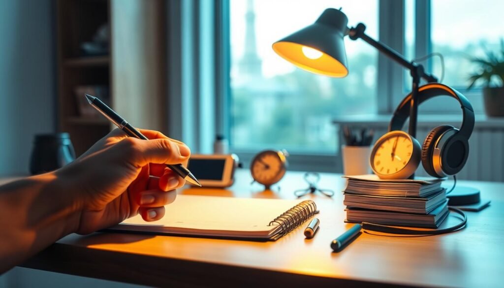 A study desk illuminated by warm, focused lighting, showcasing an array of organizational tools: a sleek planner, a timer, a stack of notes, and a pair of headphones. In the foreground, a hand grasps a pen, poised to tackle the tasks at hand. The background features a clean, minimalist space, with a large window allowing natural light to filter in, creating a serene and productive atmosphere. The overall scene conveys a sense of focus, efficiency, and the mastery of time management techniques for studious students.