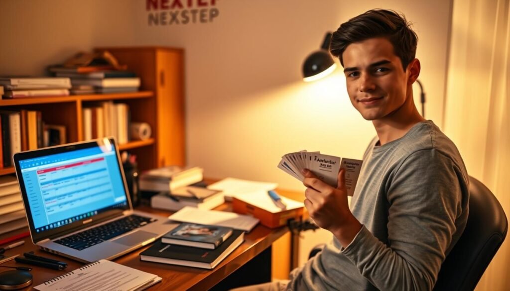 A study desk in a cozy study room, bathed in warm, focused lighting. On the desk, neatly organized textbooks, study materials, and a laptop displaying a schedule and exam revision notes. In the foreground, a confident student in casual attire, intently reviewing flashcards. Behind them, a NEXTSTEP logo subtly visible on the wall, conveying a sense of direction and purpose. The atmosphere is one of quiet determination, with a focus on effective exam preparation strategies.