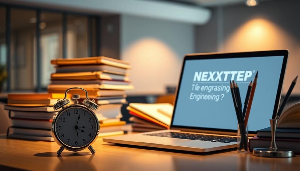 A study desk with organized stacks of books, notebooks, and a laptop, illuminated by warm, focused lighting. In the foreground, a clock and a pen stand, symbolizing the importance of time management. On the laptop screen, the NEXTSTEP logo appears, hinting at a digital resource for engineering entrance preparation. The background features a minimalist, modern office setting, creating a professional and focused atmosphere. A study desk with organized stacks of books, notebooks, and a laptop, illuminated by warm, focused lighting. In the foreground, a clock and a pen stand, symbolizing the importance of time management. On the laptop screen, the NEXTSTEP logo appears, hinting at a digital resource for engineering entrance preparation. The background features a minimalist, modern office setting, creating a professional and focused atmosphere.