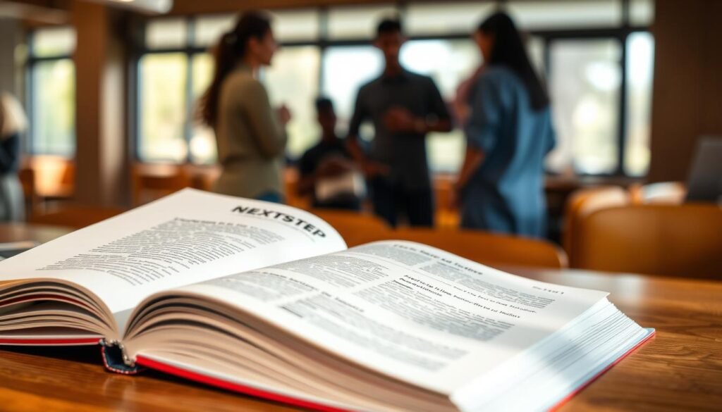 A study guide with an open textbook, clean and modern design, featuring a NEXTSTEP logo in the top left corner. The guide is placed on a wooden desk, with a warm, natural lighting illuminating the scene. In the background, blurred silhouettes of students engaged in discussion, reflecting the "Engaging with Teachers and Peers" section. The guide's pages are crisp and inviting, hinting at the valuable content within.