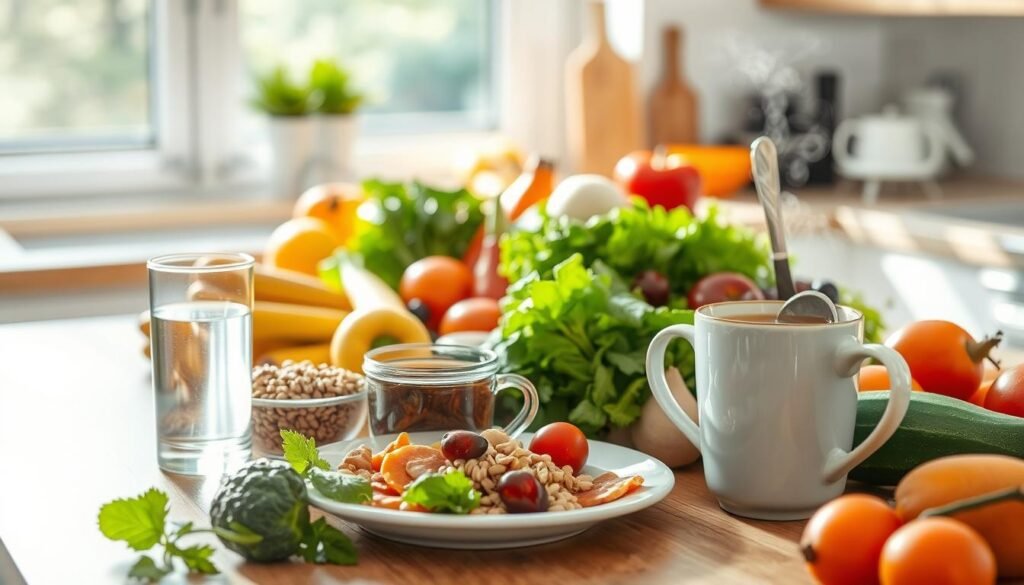 A sunlit kitchen counter overflows with a vibrant array of nutrient-rich foods - crisp vegetables, juicy fruits, whole grains, and lean proteins. A glass of water and a steaming mug of herbal tea stand beside a plate of wholesome snacks. The scene radiates an atmosphere of nourishment and focus, inspiring a sense of clarity and energy perfect for tackling the demands of academic excellence. Soft, diffused lighting casts a warm glow, while a shallow depth of field draws the eye to the delectable display, suggesting the vital role of proper nutrition in fueling optimal exam performance.