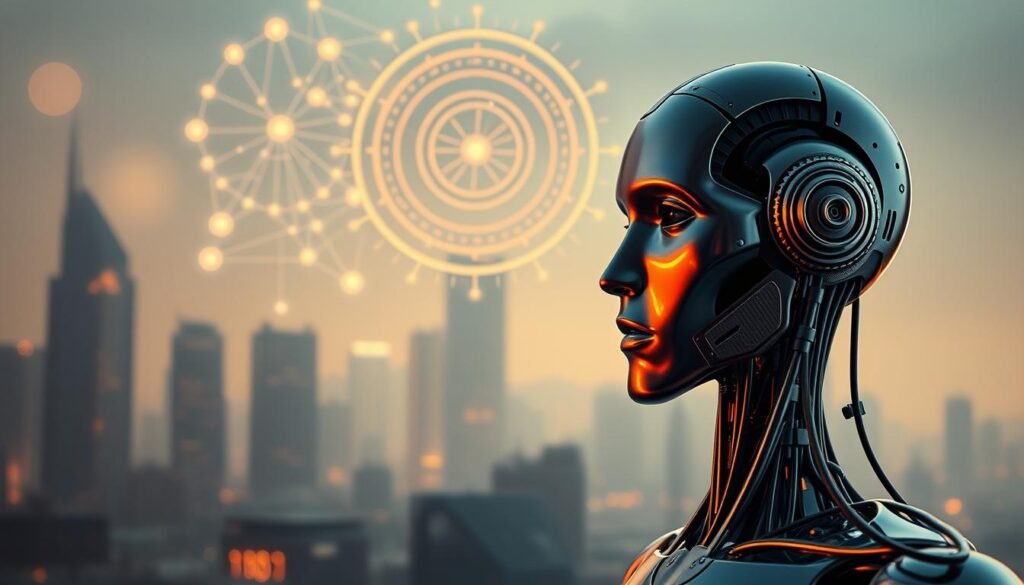A thought-provoking depiction of AI ethics, captured in a digital masterpiece. In the foreground, a contemplative android ponders the moral dilemmas of its own existence, its metallic features cast in warm, pensive lighting. In the middle ground, abstract shapes and symbols representing the complex algorithms and data flows that govern AI decision-making. The background, a hazy, futuristic cityscape, suggests the far-reaching impact of these ethical considerations on society. The overall atmosphere is one of introspection and cautious optimism, inviting the viewer to engage with the profound questions at the intersection of technology and morality.