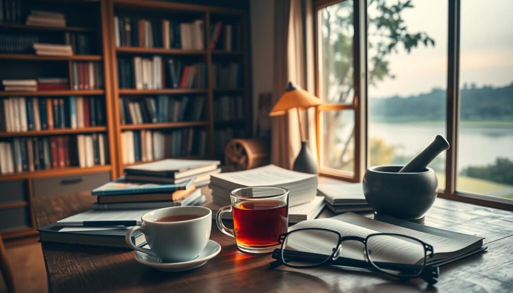 A tranquil study space with a wooden desk, bookshelves, and a large window overlooking a serene landscape. Warm lighting casts a cozy glow, illuminating neatly organized study materials - textbooks, notebooks, and a mortar and pestle symbolizing the depth of social studies. In the foreground, a cup of tea and a pair of reading glasses suggest a focused, contemplative atmosphere conducive to Madhyamik exam preparation. The overall scene evokes a sense of clarity, diligence, and scholarly pursuit.