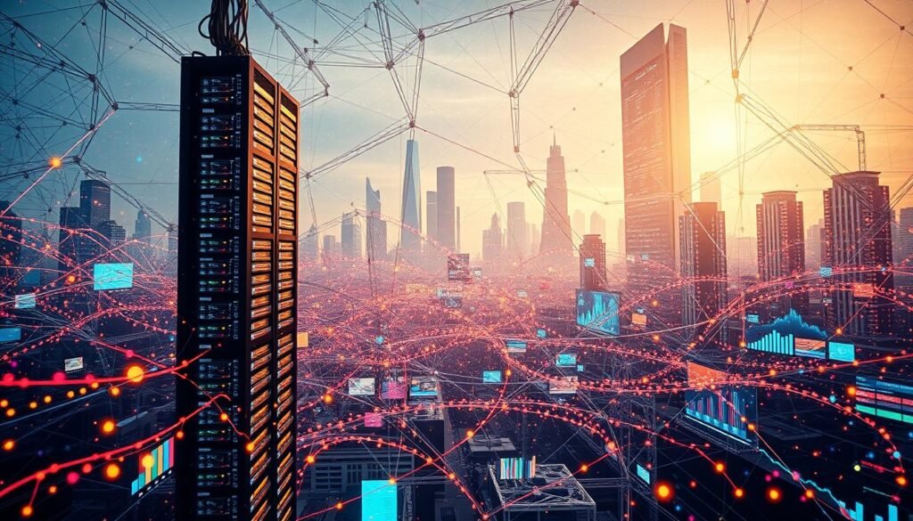 A vast expanse of interconnected data streams, pulsing with the rhythm of information. In the foreground, a towering stack of server racks, their LED lights flickering like stars in the digital cosmos. Surrounding them, a swirling dance of colorful graphs, charts, and visualizations, each one a window into the insights hidden within the data. In the background, a backdrop of sleek, futuristic buildings, the epitome of modern technological innovation. Overhead, a soft, diffused lighting casts a warm, contemplative glow, inviting the viewer to ponder the endless possibilities that lie within the realm of big data and AI. The scene conveys a sense of power, complexity, and the transformative potential of this powerful combination.