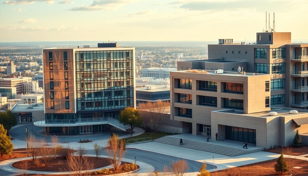 A vast, modern educational campus, with a sleek, glass-fronted building representing a traditional university degree program standing tall in the foreground. Beside it, a smaller, more practical-looking vocational training center, its utilitarian architecture suggesting a focus on hands-on skills and technical expertise. The two institutions exist in harmonious contrast, representing the different paths available for personal and professional growth. The scene is bathed in warm, golden light, conveying a sense of opportunity and the potential for a fulfilling career, regardless of the chosen educational route. The background features a cityscape, hinting at the diverse opportunities awaiting those who embark on either path. A vast, modern educational campus, with a sleek, glass-fronted building representing a traditional university degree program standing tall in the foreground. Beside it, a smaller, more practical-looking vocational training center, its utilitarian architecture suggesting a focus on hands-on skills and technical expertise. The two institutions exist in harmonious contrast, representing the different paths available for personal and professional growth. The scene is bathed in warm, golden light, conveying a sense of opportunity and the potential for a fulfilling career, regardless of the chosen educational route. The background features a cityscape, hinting at the diverse opportunities awaiting those who embark on either path.