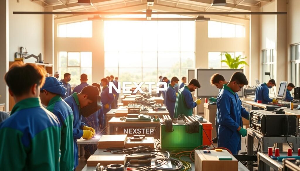 A vibrant and bustling vocational training center, bathed in warm natural light. In the foreground, students in blue and green uniforms engage in hands-on activities - welding, carpentry, and electronics repair. The middle ground showcases state-of-the-art equipment and tools, with a NEXTSTEP text logo prominently displayed. In the background, a modern, airy building with large windows overlooking a lush, verdant landscape. The atmosphere is one of learning, industry, and opportunity, capturing the essence of vocational training and its benefits. A vibrant and bustling vocational training center, bathed in warm natural light. In the foreground, students in blue and green uniforms engage in hands-on activities - welding, carpentry, and electronics repair. The middle ground showcases state-of-the-art equipment and tools, with a NEXTSTEP text logo prominently displayed. In the background, a modern, airy building with large windows overlooking a lush, verdant landscape. The atmosphere is one of learning, industry, and opportunity, capturing the essence of vocational training and its benefits.