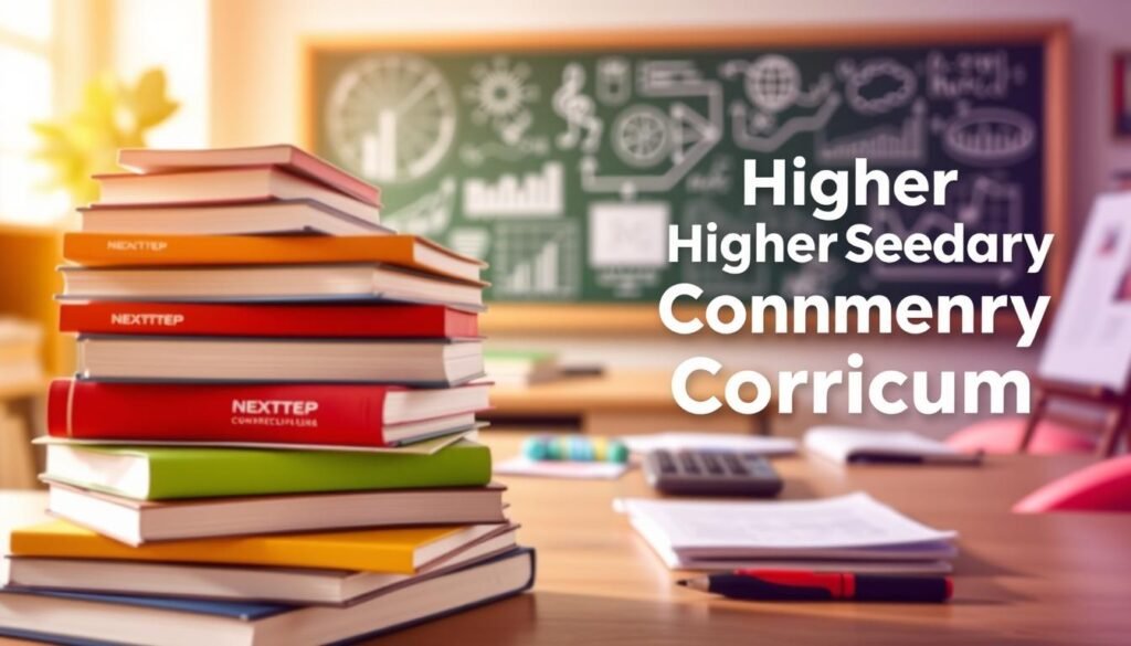 A vibrant and detailed illustration of the Higher Secondary Commerce Curriculum, captured against a soft, blurred background. In the foreground, a stack of textbooks and class materials, including a NEXTSTEP logo, create a sense of academic focus. The middle ground features a neatly organized desk with a laptop, papers, and a calculator, hinting at the analytical nature of the curriculum. In the background, a chalkboard or whiteboard displays various commerce-related diagrams and formulas, conveying the intellectual depth of the subject. The lighting is warm and natural, creating a inviting and studious atmosphere. The overall composition suggests a comprehensive and well-structured educational experience.
