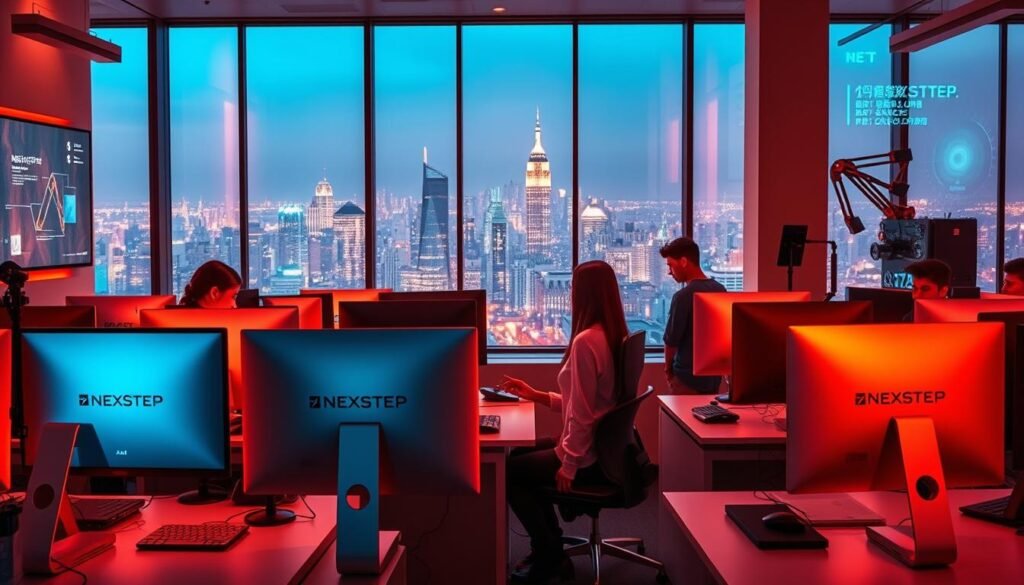 A vibrant and dynamic computer studies workplace, bathed in warm, directional lighting that accentuates the modern, minimalist decor. In the foreground, a group of young professionals collaborate on sleek, high-end workstations adorned with the NEXTSTEP logo. The middle ground features a large, floor-to-ceiling window that offers a panoramic view of a bustling city skyline, conveying a sense of opportunity and progress. In the background, subtle hints of cutting-edge technology, such as holographic displays and robotic components, suggest the innovative nature of the field. The overall atmosphere exudes a blend of productivity, innovation, and a promising future in the world of computer studies.