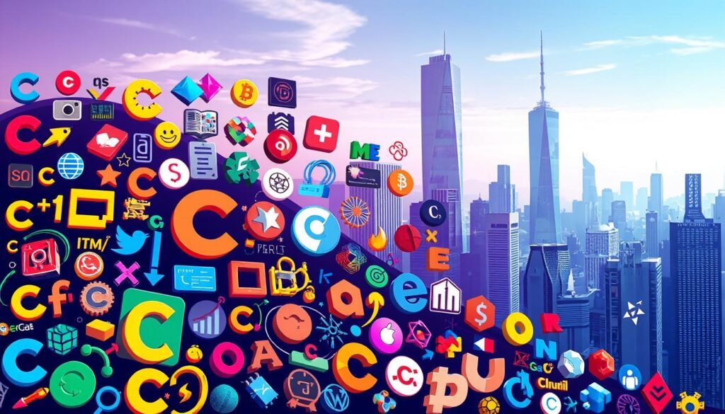 A vibrant and dynamic illustration of the "popular programming languages" concept. In the foreground, a captivating array of C programming language symbols, icons, and visual metaphors, masterfully rendered with intricate detail and a vivid color palette. In the middle ground, a diverse collection of other prominent programming language logos and motifs, seamlessly integrated to create a visually striking composition. The background showcases a sleek, futuristic cityscape, hinting at the cutting-edge technology and innovation that these programming languages power. Lighting is crisp and directional, casting dramatic shadows and highlights that add depth and dimension to the scene. The overall mood is one of excitement, innovation, and the boundless potential of these essential tools for the modern digital landscape.