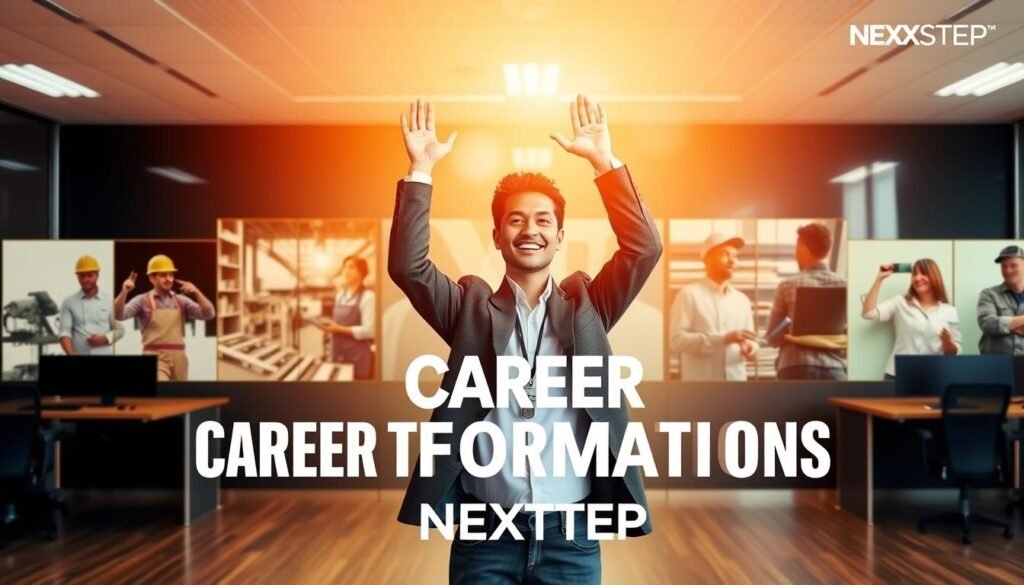 A vibrant and dynamic image showcasing "Career Transformations". In the foreground, a person stands in a well-lit, modern office setting, dressed professionally and confidently, hands raised in a gesture of accomplishment. Behind them, a collage of images depicting their previous vocational paths - from construction worker to graphic designer, chef to software engineer. The background features the NEXTSTEP text logo, subtly hinting at the transformative power of vocational skills training. Warm lighting casts a sense of positivity and growth, while the clean, minimalist design conveys a message of success and personal reinvention.