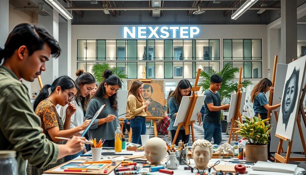 A vibrant and dynamic scene of higher secondary arts, with students immersed in their creative pursuits. The foreground features a group of young adults engaged in various artistic mediums, such as painting, sketching, and sculpting, their faces alight with concentration and passion. The middle ground showcases a well-equipped art studio, complete with easels, canvases, and a variety of artistic tools and materials. In the background, a modern, well-lit building with the NEXTSTEP text logo stands as a symbol of educational excellence, hinting at the broader context of the scene. The overall atmosphere is one of creativity, innovation, and the endless possibilities that await students in the arts stream.