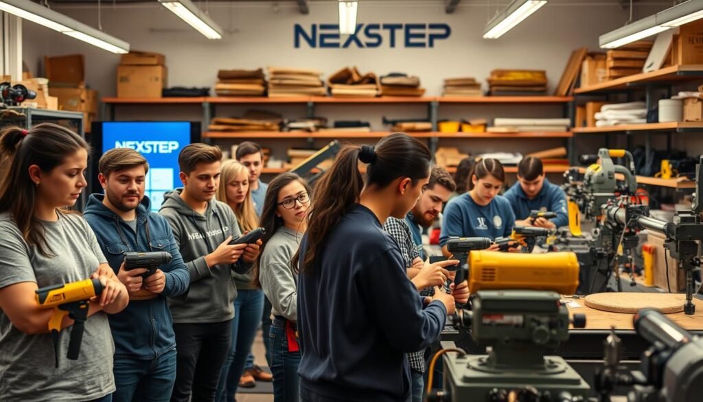 A vibrant and dynamic scene showcasing vocational skills training in a modern, well-equipped workshop. In the foreground, a group of students attentively observe an instructor demonstrating the use of various power tools and machinery, their faces filled with concentration. In the middle ground, other students are actively engaged in hands-on projects, their faces illuminated by the warm glow of task lighting. The background features the NEXTSTEP logo prominently displayed, along with neatly organized shelves of tools and materials, conveying a sense of professionalism and expertise. The overall atmosphere is one of focused learning, with a touch of industrial chic, capturing the essence of vocational skills education.