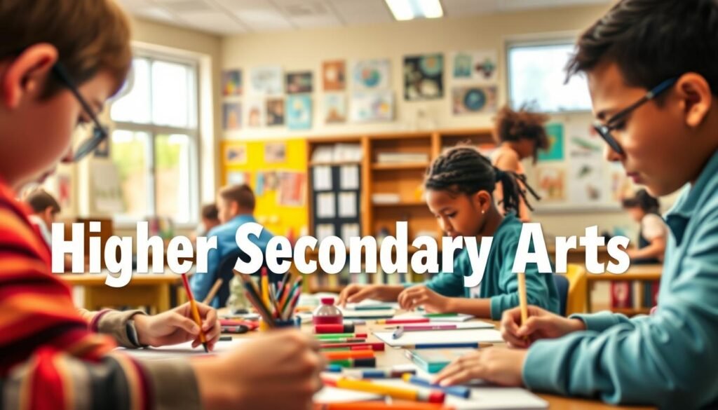 A vibrant and engaging illustration of the "Higher Secondary Arts" curriculum, captured through a wide-angle lens with a shallow depth of field. In the foreground, a group of students engrossed in creative projects, their hands skillfully manipulating art materials. In the middle ground, a well-stocked art supply cabinet and a NEXTSTEP text logo, hinting at the academic institution. The background features a warm, natural-lit classroom, with large windows and an array of displayed artworks, conveying a sense of creativity and intellectual stimulation. The overall mood is one of artistic expression, academic rigor, and a supportive learning environment.