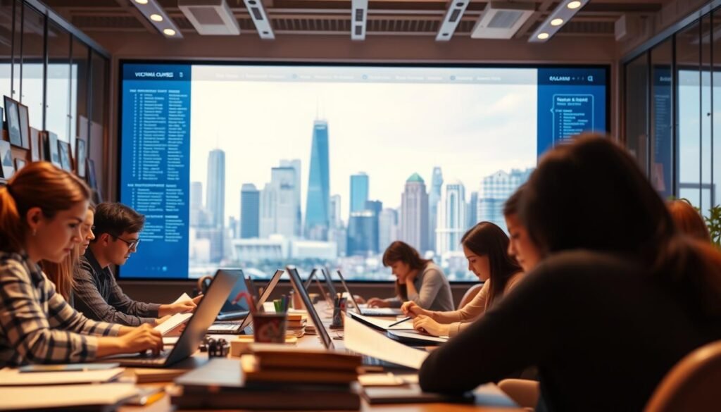 A vibrant and visually engaging image showcasing the diverse world of vocational online courses. In the foreground, a group of students intently studying on their laptops, surrounded by a variety of course materials and resources. The middle ground features a sleek, modern user interface of an online learning platform, highlighting the convenience and accessibility of these courses. In the background, a softly blurred cityscape with towering skyscrapers, symbolizing the connection between vocational training and the demands of the modern workforce. The lighting is warm and inviting, creating a sense of productivity and focus. Captured through a wide-angle lens, the composition conveys the comprehensive nature of these online vocational offerings.