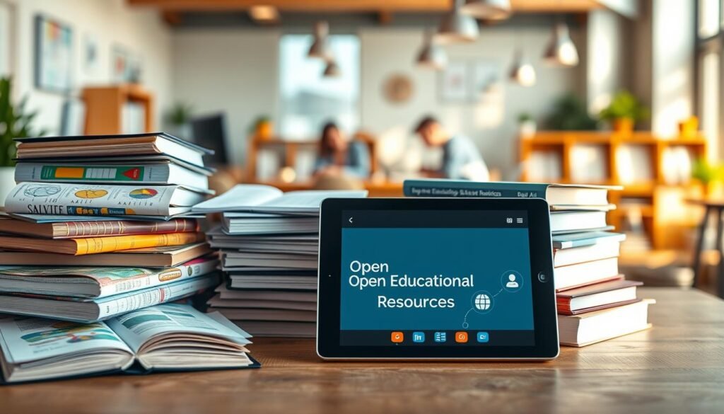 A vibrant collection of textbooks, documents, and multimedia resources arranged on a wooden desk, illuminated by warm, natural lighting. In the foreground, a stack of open textbooks showcases colorful diagrams and engaging content. In the middle ground, a tablet displays a web page highlighting the "Open Educational Resources" title, surrounded by icons representing various subjects. The background features a blurred, out-of-focus view of a modern, airy workspace, creating a sense of depth and emphasizing the centrality of the educational materials. The overall scene conveys a sense of accessibility, collaboration, and the wealth of knowledge available through open educational resources.