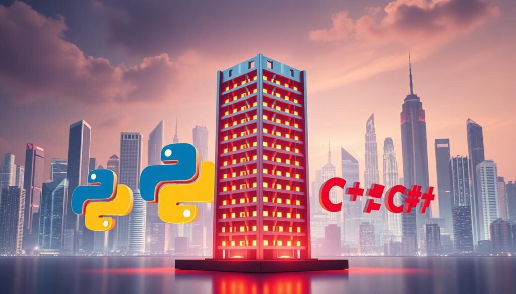A vibrant digital tableau depicting the 5 most prominent programming languages: Java, Python, JavaScript, C++, and C#. In the foreground, a towering Java Virtual Machine structure stands as the centerpiece, its sleek metallic form shimmering under warm studio lighting. Surrounding it, the other languages are represented by abstract geometric shapes, each with a distinct color palette and texture. In the background, a futuristic cityscape of skyscrapers and technological infrastructure provides a dynamic context, hinting at the ubiquity of these languages in the modern digital landscape. The overall composition conveys a sense of harmony, innovation, and the essential role these programming pillars play in shaping the future of software development.