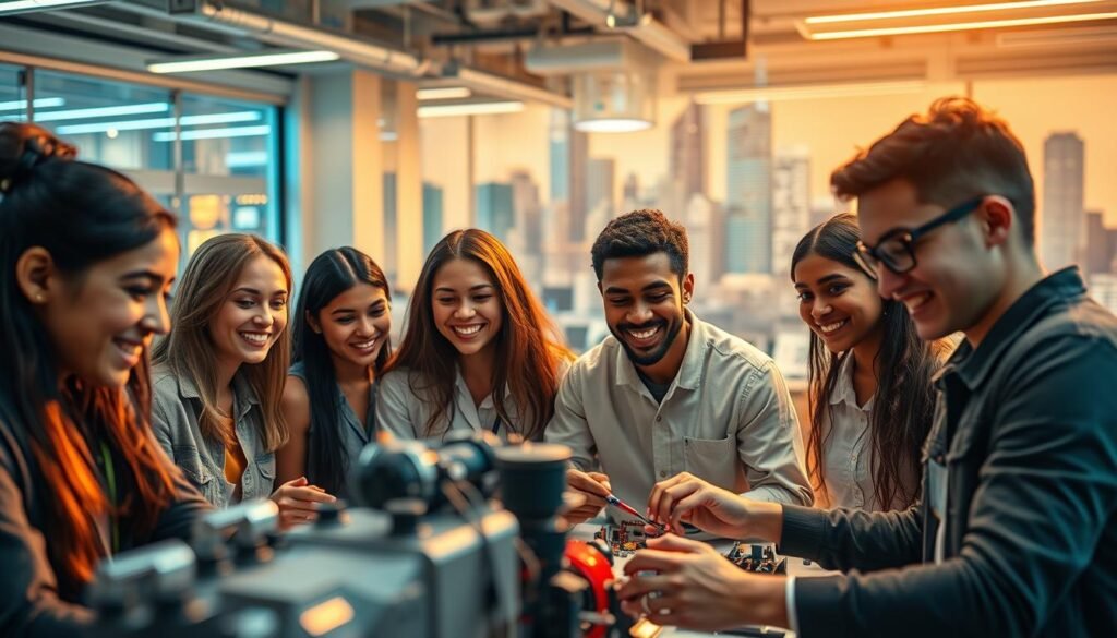 A vibrant, dynamic engineering internship scene captured through a wide-angle lens. In the foreground, a diverse group of interns collaborating on a cutting-edge project, their faces alight with enthusiasm. The middle ground features a state-of-the-art laboratory filled with advanced equipment and prototypes, hinting at the hands-on experience these internships provide. In the background, a gleaming cityscape symbolizes the boundless opportunities awaiting these young engineers. Warm, diffused lighting creates a sense of inspiration and possibility, while subtle camera angles convey a sense of energy and momentum. The overall atmosphere evokes the transformative power of internships in shaping the careers of tomorrow's engineering leaders.