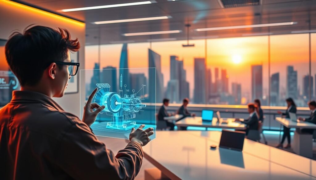 A vibrant, futuristic scene depicting virtual vocational education. In the foreground, a student interacts with a holographic display, exploring a 3D model of a mechanical assembly. The middle ground showcases a sleek, minimalist classroom setting with several students engrossed in their virtual lessons, surrounded by state-of-the-art technology. The background features a panoramic cityscape of gleaming skyscrapers, symbolizing the integration of vocational training with the modern, digitally-driven economy. Warm, diffused lighting illuminates the scene, creating a sense of technological sophistication and immersive learning. The overall atmosphere conveys the power of virtual platforms to revolutionize vocational education and prepare students for the workforce of the future.