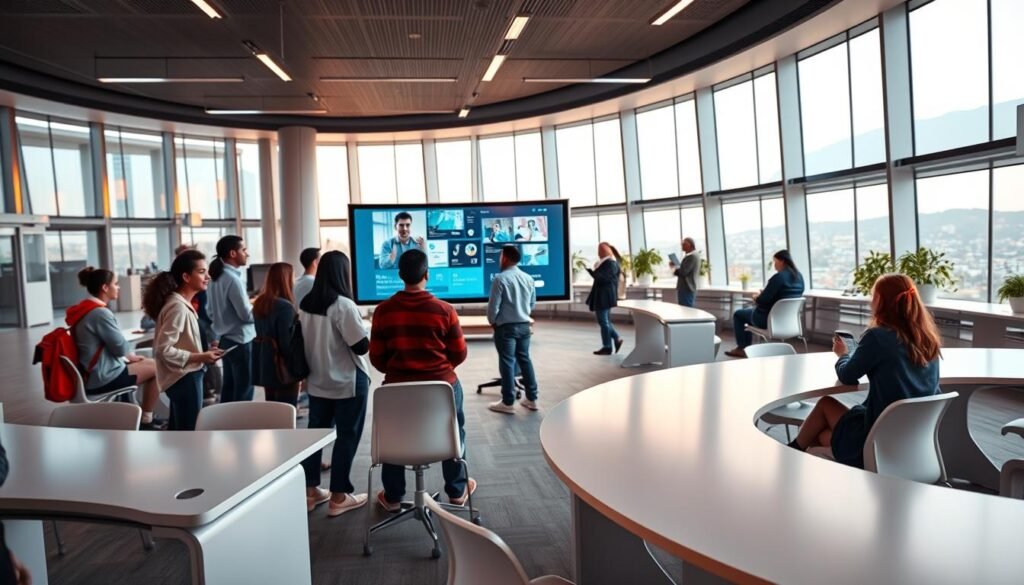 A vibrant, futuristic scene of a higher secondary online coaching session. In the foreground, a group of students in casual attire gather around a large, curved display screen, engaged in an interactive lesson. The middle ground features sleek, minimalist desks and chairs, arranged in a semi-circular layout to foster collaboration. The background showcases a panoramic view of a modern, high-tech learning environment, with floor-to-ceiling windows bathed in warm, natural lighting. The overall atmosphere conveys a sense of innovation, connectivity, and a focus on personalized, flexible learning experiences. A vibrant, futuristic scene of a higher secondary online coaching session. In the foreground, a group of students in casual attire gather around a large, curved display screen, engaged in an interactive lesson. The middle ground features sleek, minimalist desks and chairs, arranged in a semi-circular layout to foster collaboration. The background showcases a panoramic view of a modern, high-tech learning environment, with floor-to-ceiling windows bathed in warm, natural lighting. The overall atmosphere conveys a sense of innovation, connectivity, and a focus on personalized, flexible learning experiences.