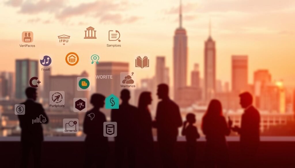 A vibrant, high-quality image of a diverse array of online vocational courses. In the foreground, various course icons and logos float against a soft, blurred background of a modern, minimalist digital interface. Warm, directional lighting creates depth and highlights the interactivity of the platform. The middle ground features silhouettes of students and instructors engaged in interactive lessons, conveying a sense of learning and collaboration. In the background, a cityscape with skyscrapers and technology-infused elements suggests the urban, connected nature of the online education experience. The overall mood is one of dynamism, accessibility, and the empowerment of vocational education.