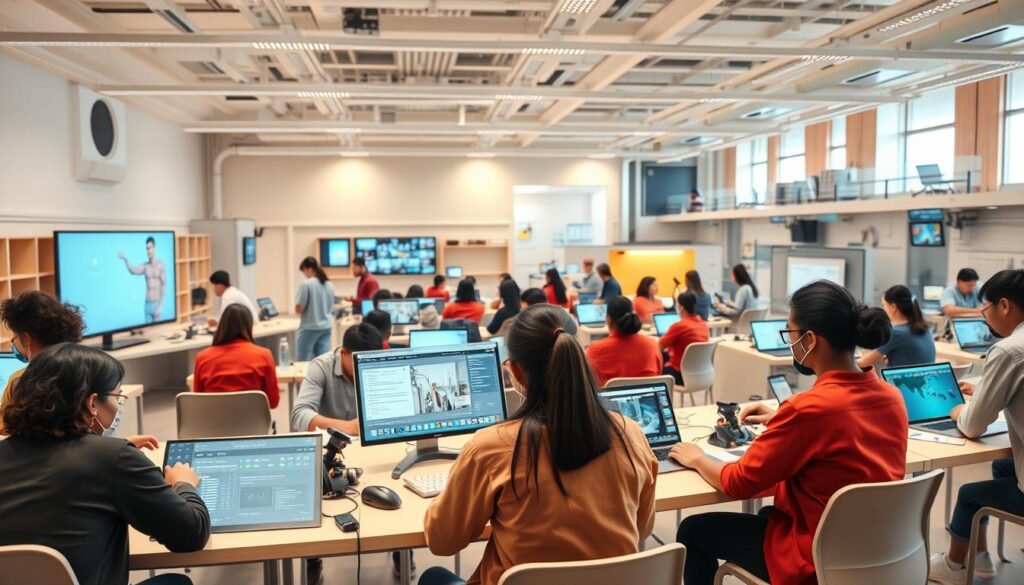 A vibrant online classroom setting with students engaged in self-paced vocational courses. In the foreground, a diverse group of learners huddle around interactive displays, hands-on tools, and virtual workstations. The middle ground features an array of holographic tutorials and AI-powered teaching aids, creating an immersive learning environment. The background showcases a futuristic, tech-savvy campus with modular architecture, smart boards, and cutting-edge digital infrastructure. Soft, diffused lighting and a warm color palette evoke a sense of productivity and collaboration. The scene conveys the scope of emerging trends in vocational education, blending hands-on training with cutting-edge digital technologies.