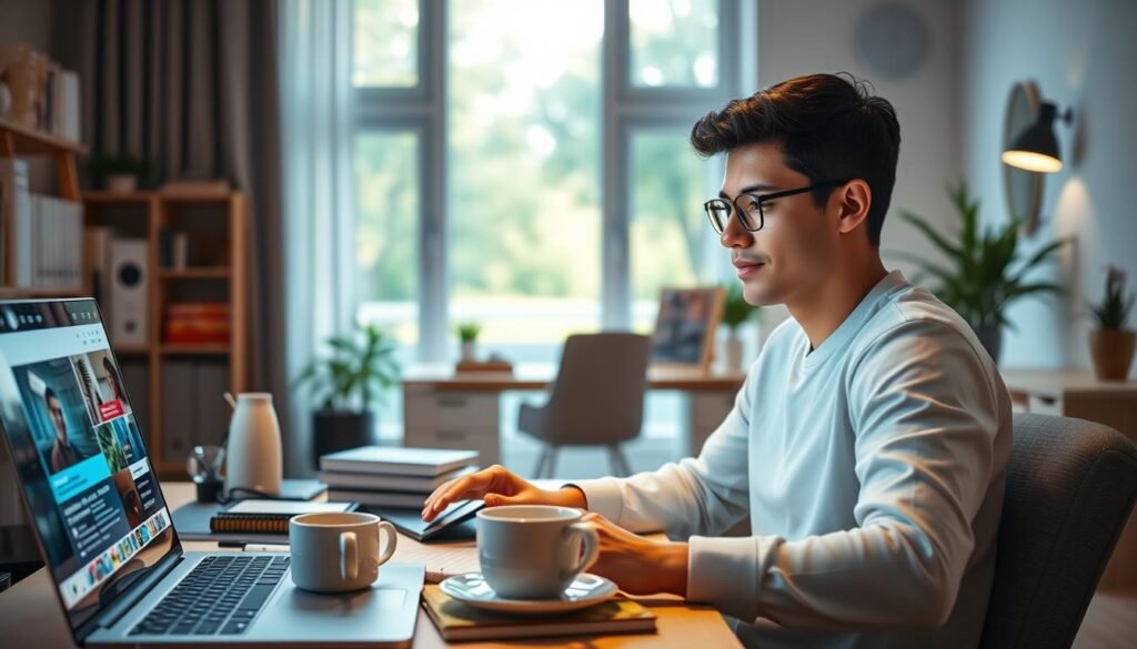A vibrant online learning environment, with a young professional surrounded by digital devices and learning materials. Soft, diffused lighting illuminates the workspace, creating a warm, focused atmosphere. In the foreground, a laptop screen displays interactive course content, while the middle ground features stacks of books, a cup of coffee, and other study aids. The background showcases a minimalist home office setup, with a large window providing natural light and a view of a serene, park-like setting outside. The overall scene conveys a sense of productivity, engagement, and the ability to stay motivated while pursuing vocational education online.