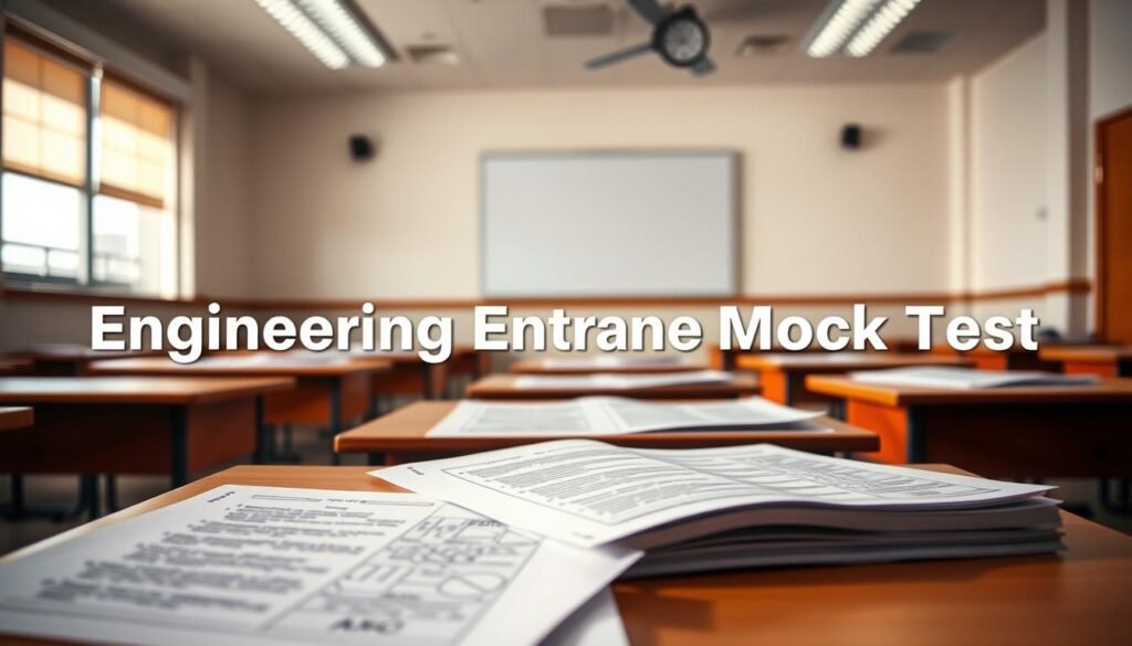 A vibrant, realistic image of an "Engineering Entrance Mock Test" set against a clean, well-lit classroom backdrop. The test papers are neatly arranged on desks, with sharp focus on the crisp, official-looking text and question sheets. Warm, directional lighting casts subtle shadows, adding depth and dimension. The scene conveys a sense of focused concentration and academic rigor, perfectly capturing the importance of this pivotal moment in an aspiring engineer's journey. A vibrant, realistic image of an "Engineering Entrance Mock Test" set against a clean, well-lit classroom backdrop. The test papers are neatly arranged on desks, with sharp focus on the crisp, official-looking text and question sheets. Warm, directional lighting casts subtle shadows, adding depth and dimension. The scene conveys a sense of focused concentration and academic rigor, perfectly capturing the importance of this pivotal moment in an aspiring engineer's journey.