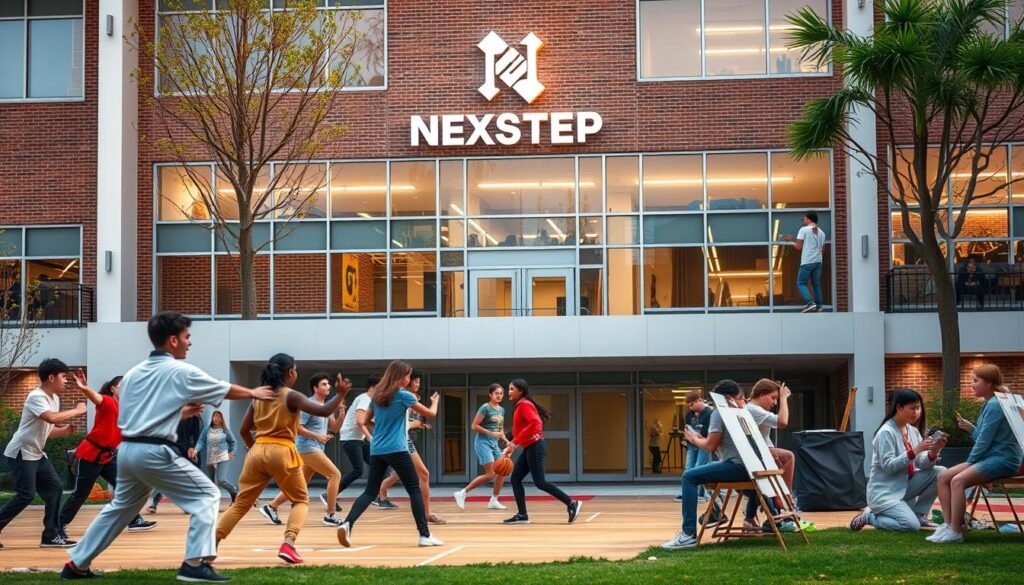 A vibrant scene of extracurricular activities unfolding at a modern high school campus. In the foreground, a group of students enthusiastically practicing their martial arts moves, their forms captured in dynamic motion. In the middle ground, a team of young athletes competing in a spirited game of basketball, their energy and teamwork on full display. In the background, an art club session where students are immersed in their creative pursuits, sketching and painting under the warm glow of natural lighting. Throughout the scene, a sense of engagement, learning, and camaraderie permeates the atmosphere. The NEXTSTEP logo subtly adorns the building facade, indicating the school's commitment to fostering well-rounded student development.