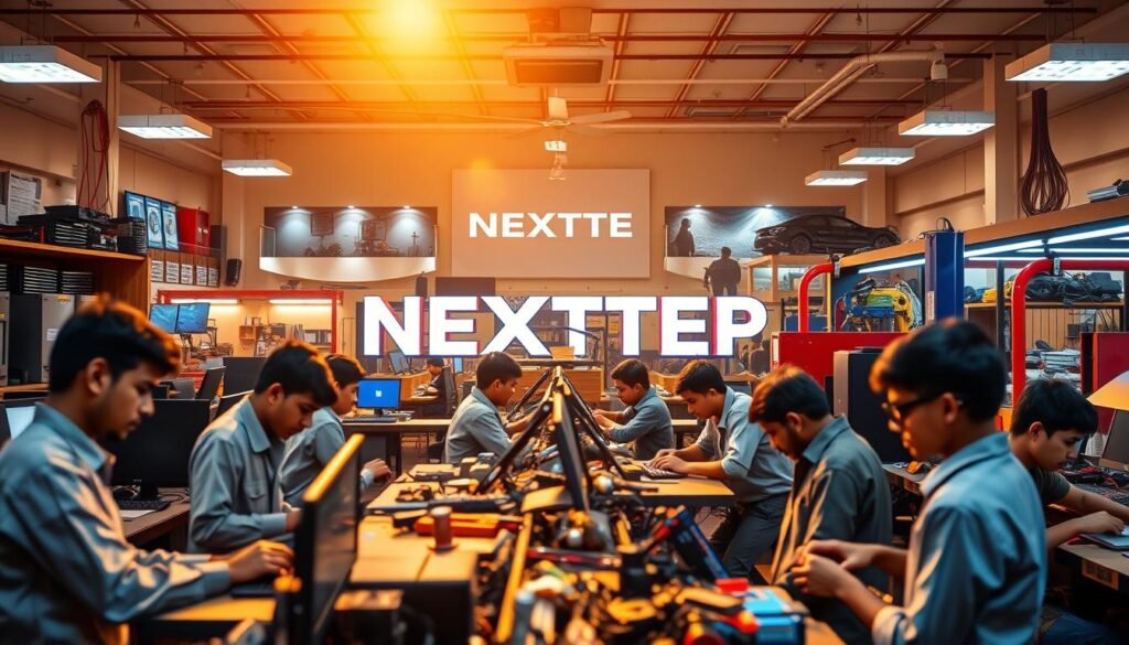 A vibrant scene showcasing the diverse vocational courses available in India. In the foreground, students actively engage in hands-on training, surrounded by modern equipment and tools. In the middle ground, a variety of classrooms and workshops come into view, each representing a different field, from computer programming to automotive repair. The background features the iconic NEXTSTEP logo, prominently displayed, highlighting the institution's commitment to vocational education. The lighting is warm and inviting, creating a sense of energy and opportunity. The scene is captured with a wide-angle lens, emphasizing the breadth and depth of the vocational landscape in India.