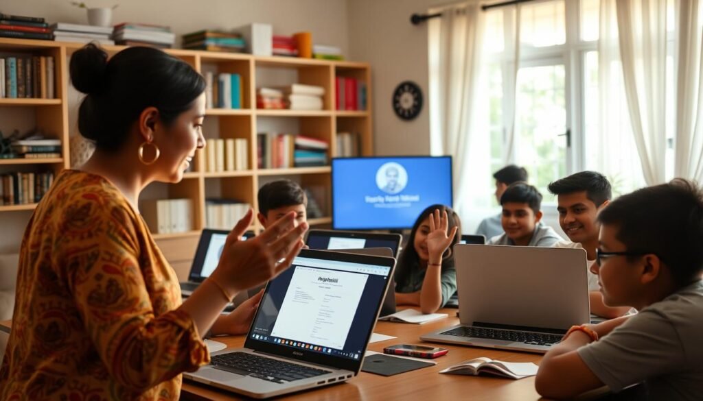 A virtual classroom filled with engaged students, their faces illuminated by the soft glow of their laptop screens. In the foreground, a teacher gestures animatedly, guiding the class through an interactive lesson on Madhyamik preparation. The middle ground features students leaning in, their expressions attentive and their hands raised, eager to participate. The background showcases a cozy, well-lit home environment, with shelves of books and educational materials adding a sense of warmth and productivity. The scene is bathed in a gentle, natural light, creating a welcoming and immersive atmosphere for online learning.
