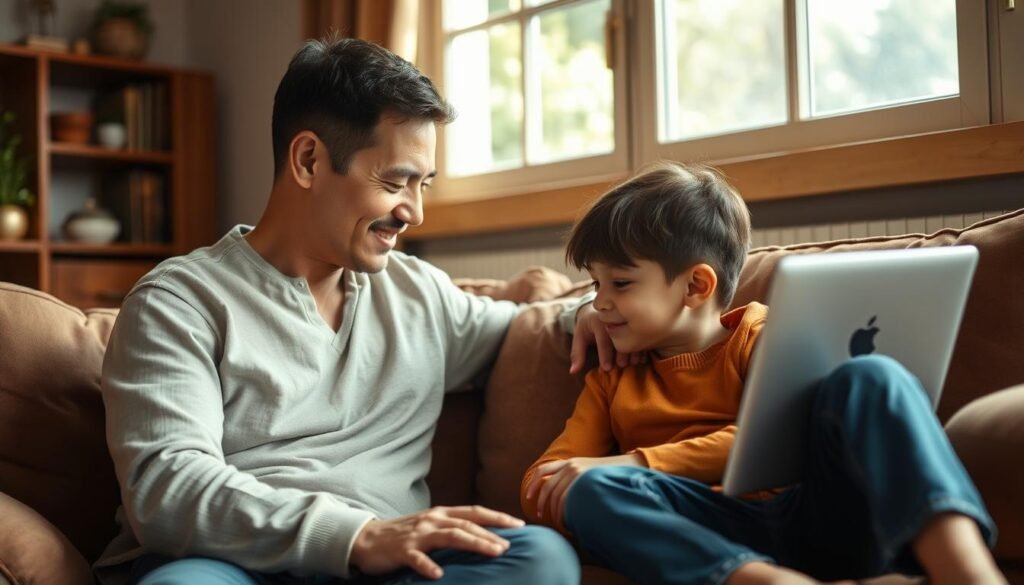A warm, inviting living room scene with a parent and child engaged in a caring, supportive interaction. The parent sits on a comfortable couch, their expression gentle and attentive as they lean in to listen to the child seated beside them. Soft, natural lighting filters through large windows, creating a nurturing atmosphere. The room is furnished with earthy tones and textures, conveying a sense of security and belonging. The parent's body language exudes empathy and guidance, while the child's posture suggests openness and trust. This image captures the essence of parental involvement and support in an online learning environment. A warm, inviting living room scene with a parent and child engaged in a caring, supportive interaction. The parent sits on a comfortable couch, their expression gentle and attentive as they lean in to listen to the child seated beside them. Soft, natural lighting filters through large windows, creating a nurturing atmosphere. The room is furnished with earthy tones and textures, conveying a sense of security and belonging. The parent's body language exudes empathy and guidance, while the child's posture suggests openness and trust. This image captures the essence of parental involvement and support in an online learning environment.