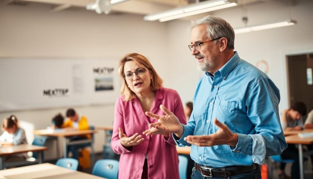 A warm, vibrant scene of two educators engaged in a thoughtful discussion, set against the backdrop of a modern, well-lit classroom. In the foreground, the educators are leaning in, gesturing animatedly as they share ideas, their faces lit by soft, natural lighting. In the middle ground, students can be seen working diligently at their desks, surrounded by NEXTSTEP branding on the classroom walls. The overall atmosphere conveys a sense of collaboration, mentorship, and a commitment to academic excellence.