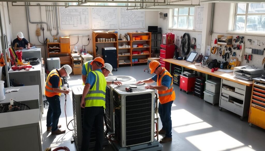 A well-equipped HVAC training workshop, filled with various tools and equipment. In the foreground, a group of students in safety gear work on an air conditioning unit, intently studying the components. Bright, natural lighting floods the space, casting long shadows and highlighting the intricate details of the systems. The middle ground features rows of workbenches and shelves stocked with parts, manuals, and other resources. In the background, technical diagrams and schematics adorn the walls, creating an atmosphere of technical expertise and hands-on learning. The overall scene conveys the focus, dedication, and technical proficiency required to become a skilled HVAC technician.