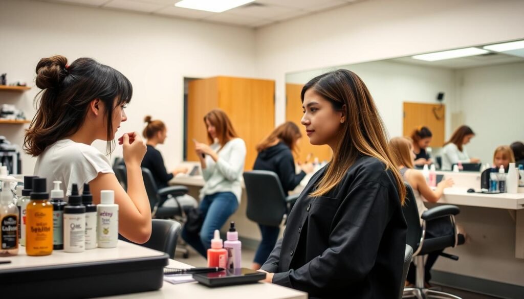 A well-equipped cosmetology classroom, with students practicing hairstyling and makeup application on each other. The foreground shows a young woman having her hair cut and styled by a classmate, with an array of professional haircare products and tools on a nearby counter. In the middle ground, other students are practicing manicures and pedicures, surrounded by nail polish bottles and a pedicure station. The background reveals a large wall-mounted mirror, providing a clear view of the learning environment. Soft, even lighting illuminates the scene, creating a warm, inviting atmosphere conducive to hands-on vocational training.