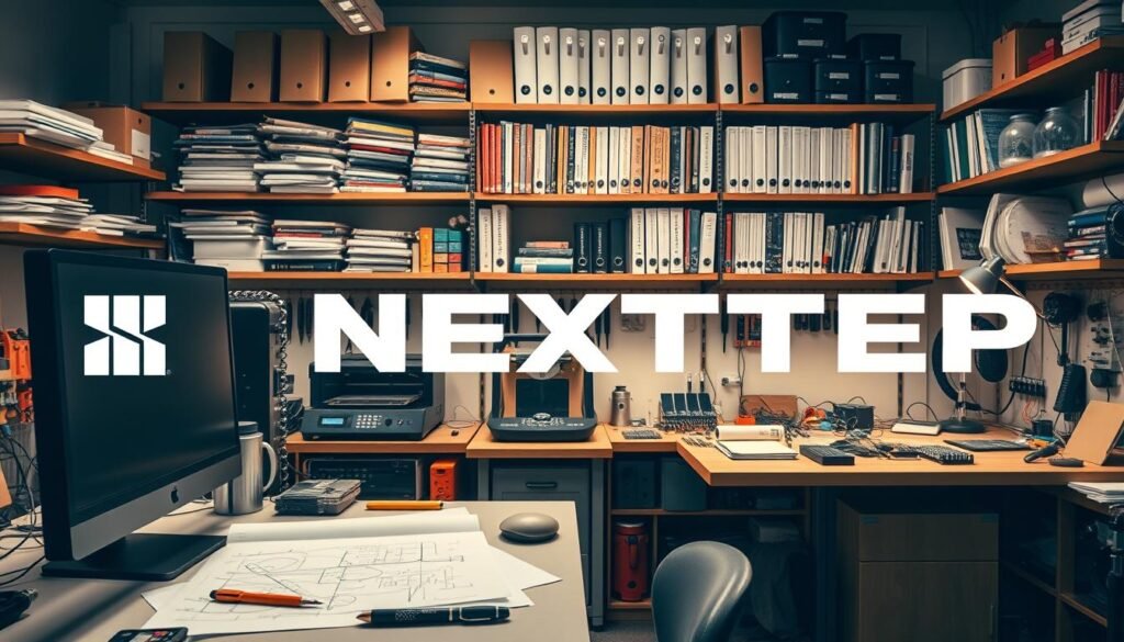 A well-equipped engineering workshop, with an array of tools and machinery arranged neatly. The foreground features a desktop computer, technical drawing tools, and a NEXTSTEP text logo. In the middle ground, a 3D printer, a soldering station, and various electronic components are visible. The background showcases shelves filled with engineering manuals, reference books, and prototypes. Soft, warm lighting illuminates the scene, creating a professional, innovative atmosphere. The overall composition conveys a sense of technical expertise, problem-solving skills, and a commitment to continuous learning and improvement.