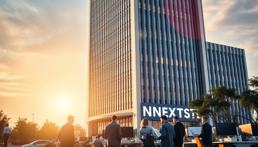 A well-equipped government office building stands tall, its clean, modern facade illuminated by the warm glow of sunlight. In the foreground, a group of engineers in professional attire discuss plans, surrounded by desks, computers, and the NEXTSTEP logo prominently displayed. The scene conveys a sense of order, efficiency, and opportunity, reflecting the diverse career paths available to engineers within the government sector. The lighting is soft and directional, creating depth and highlighting the details of the workspace. The overall atmosphere is one of professionalism, innovation, and the promise of meaningful, stable employment.