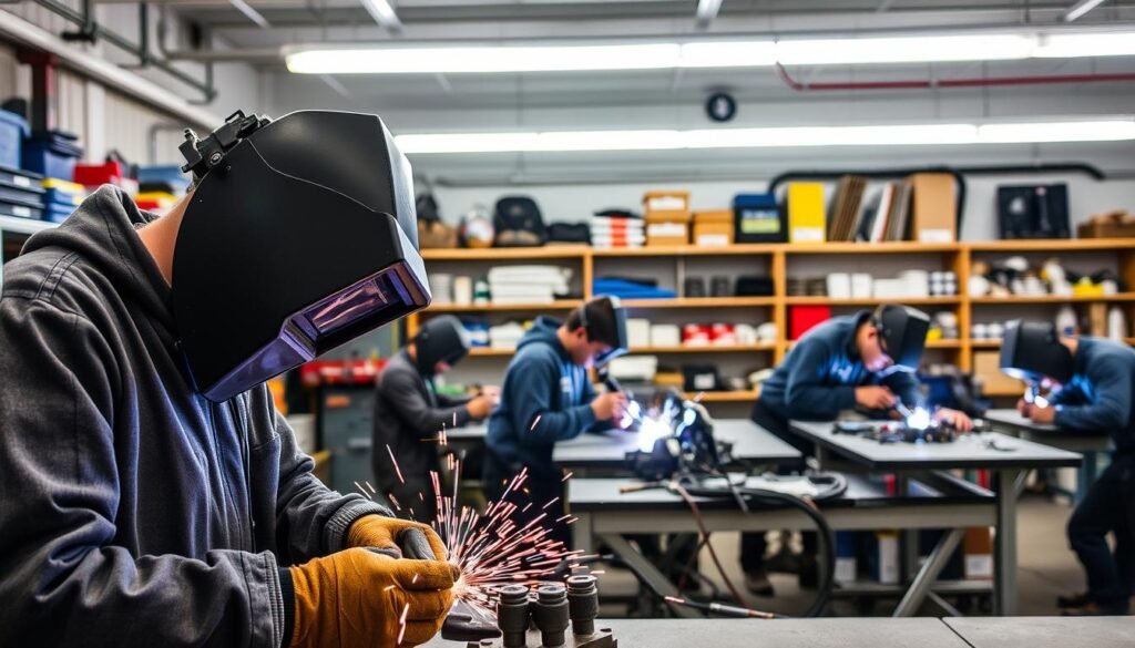 A well-equipped welding workshop with bright fluorescent lighting and industrial-grade equipment. In the foreground, a welder in a protective suit carefully manipulates a welding torch, sparks flying as they join metal components. In the middle ground, other trainees practice their techniques at individual workstations, focused expressions on their faces. The background reveals shelves of welding supplies, safety gear, and technical manuals, conveying a sense of a structured, professional learning environment. The overall atmosphere is one of focused dedication, skill development, and the promise of a rewarding technical career.