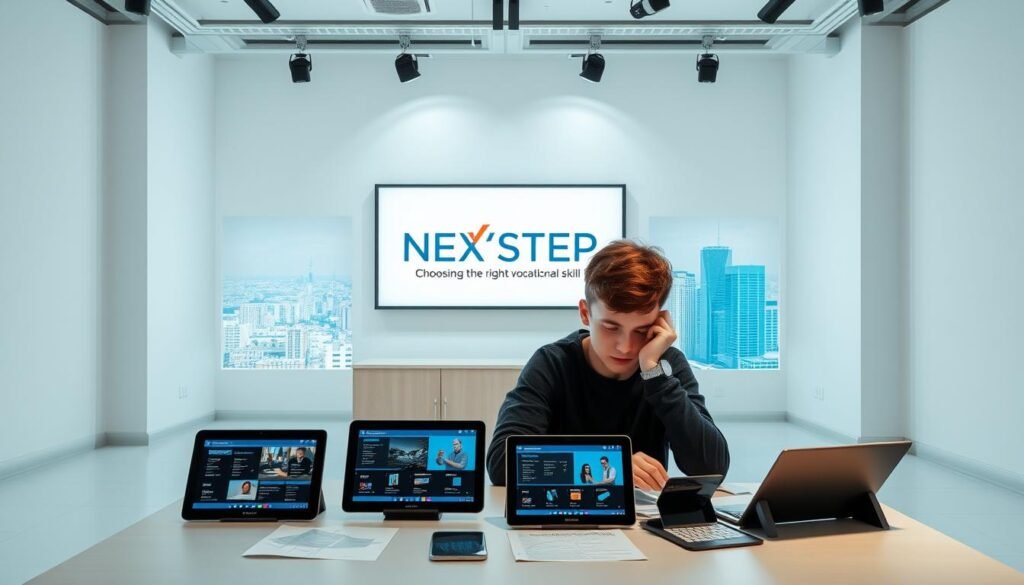 A well-lit, airy studio setting with a clean, minimalist aesthetic. In the foreground, a young person sits at a desk, thoughtfully considering various vocational skill options displayed on tablets and papers in front of them. The middle ground features a wall-mounted display with the NEXTSTEP text logo, highlighting the importance of choosing the right vocational skill. The background showcases a panoramic view of a vibrant city skyline, symbolizing the potential opportunities that await. The overall mood is one of focus, contemplation, and a sense of possibility.