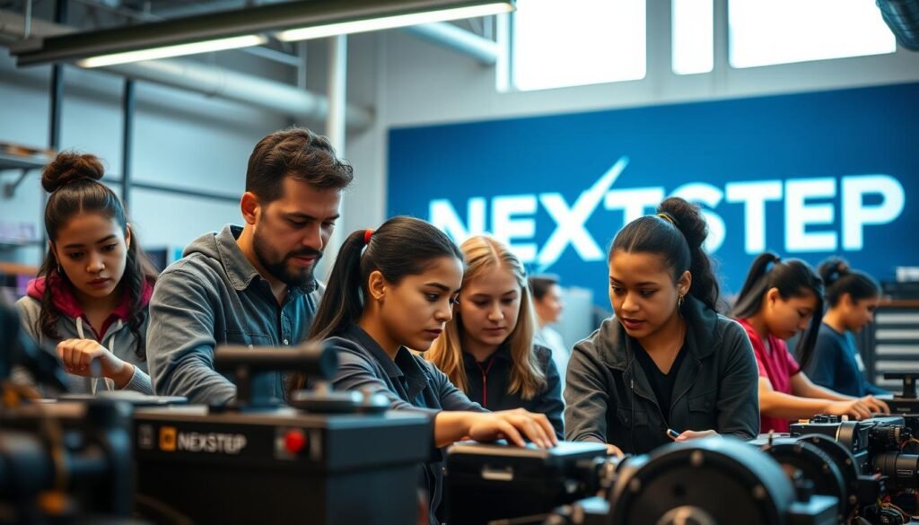 A well-lit and vibrant scene showcasing the advantages of vocational training. In the foreground, a group of diverse students intently focused on hands-on technical tasks, utilizing state-of-the-art equipment with a sense of purpose and accomplishment. In the middle ground, an instructor guiding and mentoring the students, demonstrating practical skills. The background features a modern, technology-driven workshop environment with the NEXTSTEP text logo prominently displayed, highlighting the educational institution's emphasis on career-oriented learning. The overall atmosphere conveys the value of vocational education in empowering students with in-demand skills and increasing their job prospects.