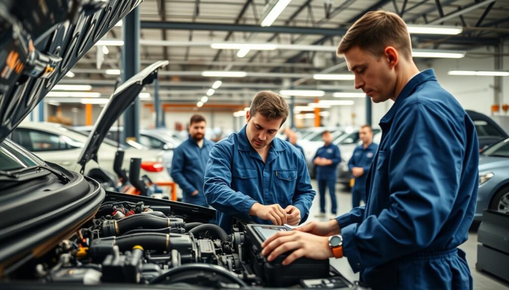 A well-lit automotive workshop filled with the tools of the trade. In the foreground, a skilled technician in a blue coverall, intently focused on diagnosing a complex issue with a vehicle's engine. Surrounded by a variety of diagnostic equipment, scanners, and precision tools neatly organized on workbenches. In the middle ground, trainees observe the process, taking notes and learning from the expert's thorough examination. The background showcases the diverse range of vehicles awaiting service, from sedans to light trucks, all in need of the technician's expertise. The mood is one of meticulous attention to detail, problem-solving, and the passing of knowledge from seasoned professional to eager apprentice.