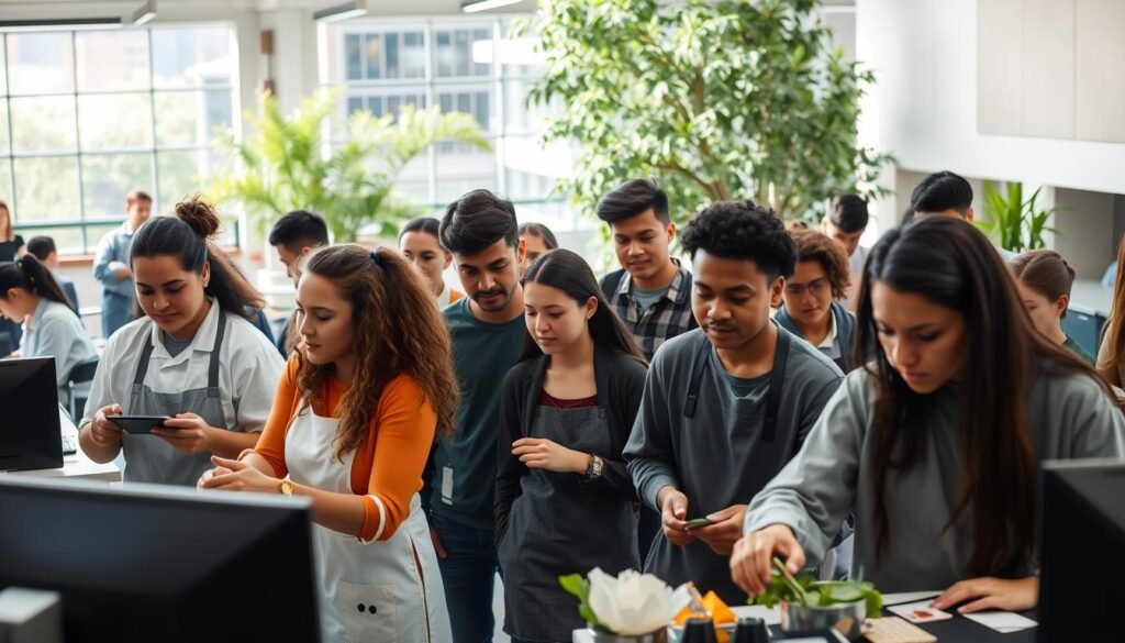 A well-lit, cinematic scene depicting a diverse group of young adults exploring various vocational programs after completing their 10th grade education. In the foreground, students are engaged in hands-on activities such as engineering prototyping, culinary arts, and computer programming. The middle ground showcases classrooms and workshops with modern equipment and facilities. In the background, a mix of contemporary architecture and lush greenery creates a vibrant, inspiring educational environment. The overall mood is one of excitement, learning, and promising career prospects for the students.