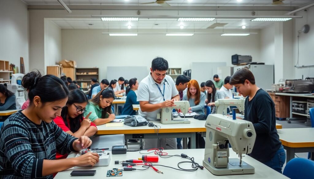 A well-lit classroom filled with students engaged in hands-on vocational training. In the foreground, a group of learners assembling electronic components on a workbench, their faces focused and determined. In the middle ground, an instructor demonstrating a sewing machine to a small cohort, guiding their technique. The background reveals various vocational equipment and tools, from carpentry workstations to a commercial kitchen setup, hinting at the diverse program offerings. The overall atmosphere is one of purposeful activity, with a sense of optimism and possibility for the future.