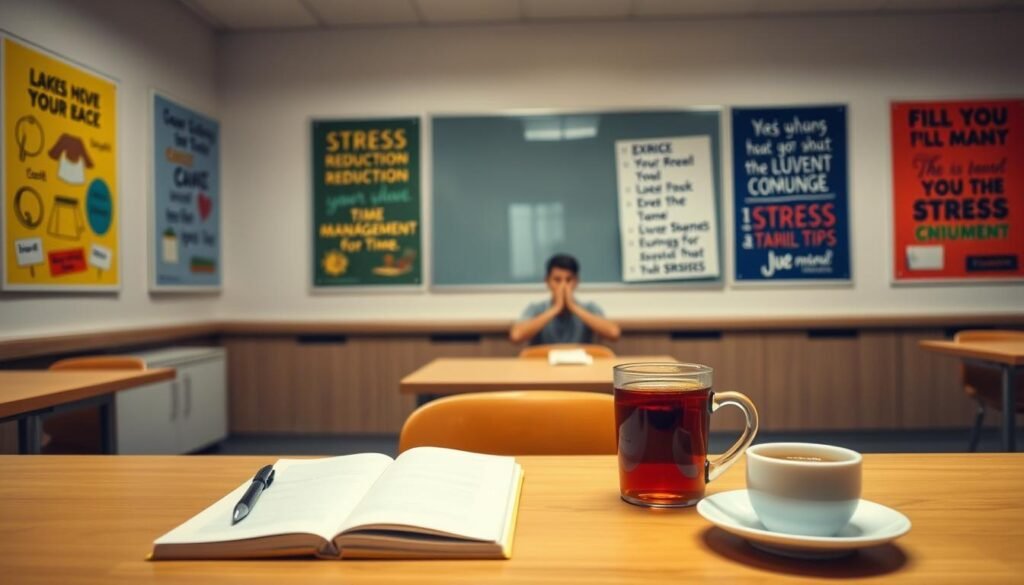 A well-lit classroom setting, with a desk in the foreground. On the desk, an open notebook, a pen, and a cup of tea, conveying a sense of focus and relaxation. In the middle ground, a student sitting at the desk, taking deep breaths and practicing mindfulness techniques. The background features inspirational posters on the walls, highlighting stress-reduction strategies such as exercise, meditation, and time management. The overall atmosphere is calming and supportive, encouraging the student to approach the exam with confidence and clarity.
