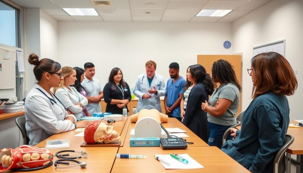 A well-lit classroom setting with medical equipment and learning materials in the foreground, including stethoscopes, syringes, and anatomical models. In the middle ground, a group of diverse students attentively listening to a medical instructor demonstrating procedures on a medical mannequin. The background showcases a clean, modern healthcare facility, conveying the professional and clinical atmosphere of a medical assistant vocational program.