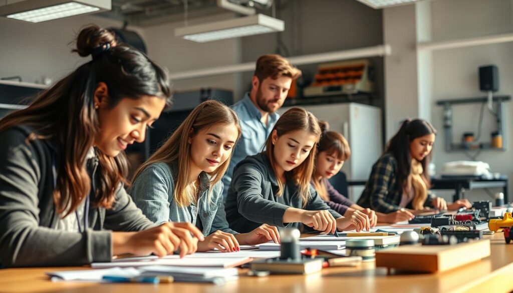 A well-lit classroom setting, with students engaged in hands-on practical activities related to a vocational course. In the foreground, a group of diverse students intently working on a project, their faces reflecting a sense of focus and determination. In the middle ground, the instructor moving around, providing guidance and feedback. The background features modern educational equipment and tools, creating an atmosphere of an active, dynamic learning environment. The lighting is warm and natural, casting a positive, inspiring mood. The overall composition conveys the excitement and dedication of pursuing a vocational path after 10th grade, primed for career growth.